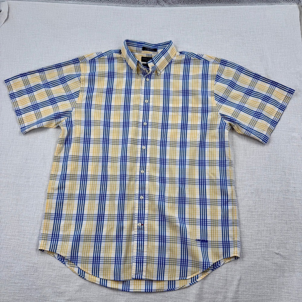 Daniel Cremieux Men L Blue Yellow‎ Plaid Cotton Short Sleeve Button Down Shirt